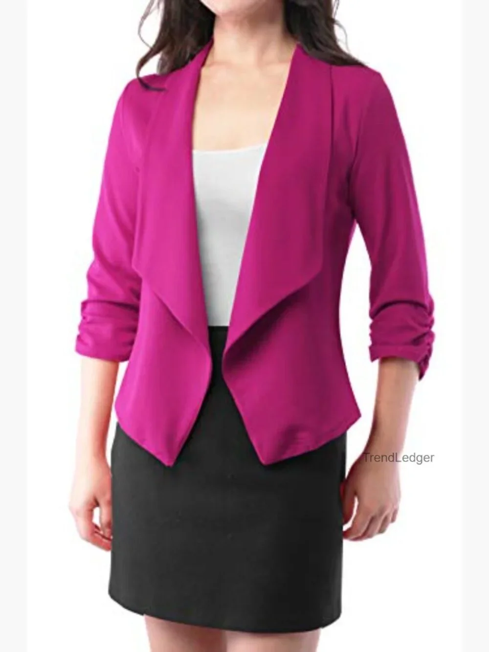 Stretch 3/4 Gathered Sleeve Open Blazer Jacket Made in USA - Picture 6 of 7